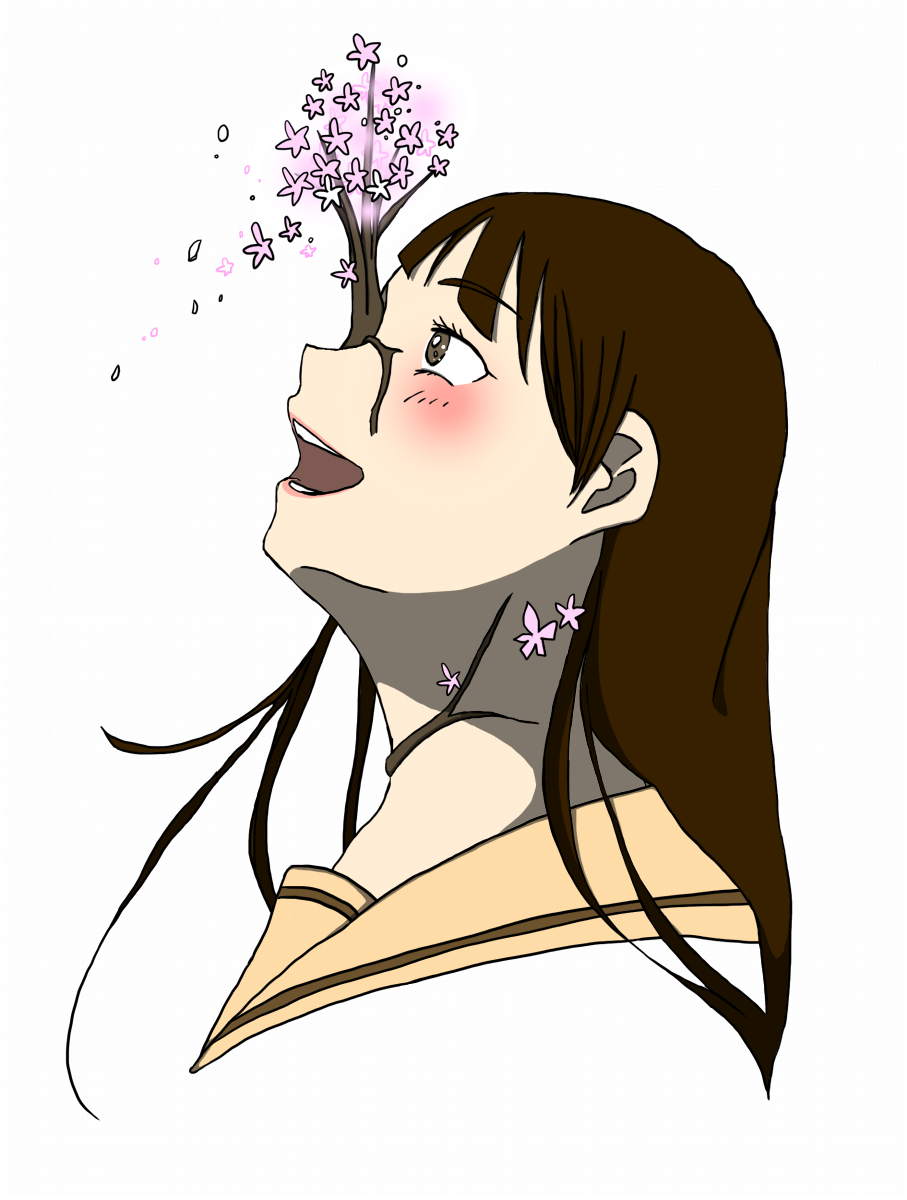 目が桜の木になっている少女がセルフお花見をするイラスト